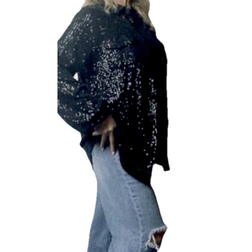 GUESS Sequin Button Up Collared Boyfriend Holiday Oversized Blouse Top Glam Sz M